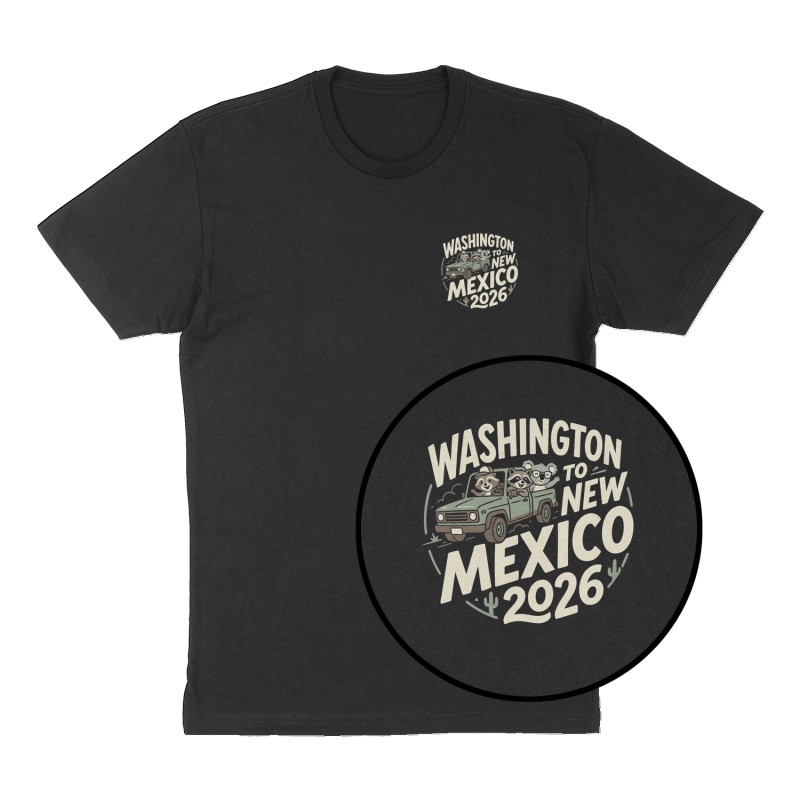 Custom t-shirt: "Washington to New Mexico 2026", Left Chest print, black shirt