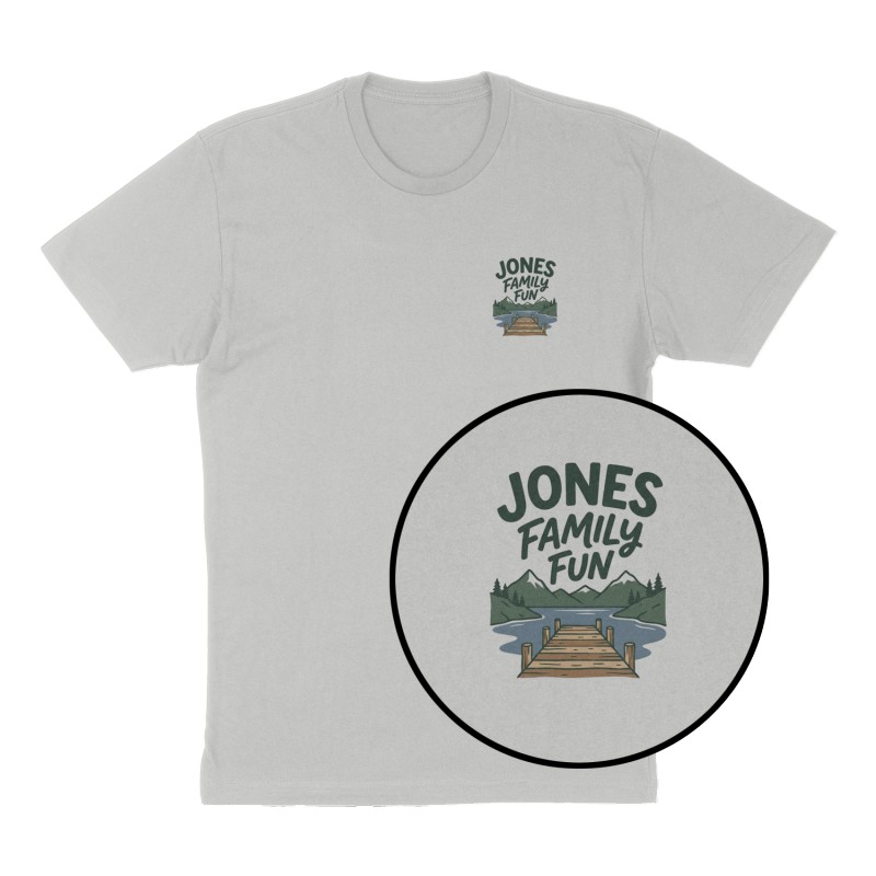 Custom t-shirt: "Jones Family Fun", Left Chest print, heather-gray shirt