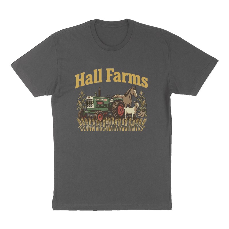 Custom t-shirt: "Hall Farms", Front print, charcoal shirt