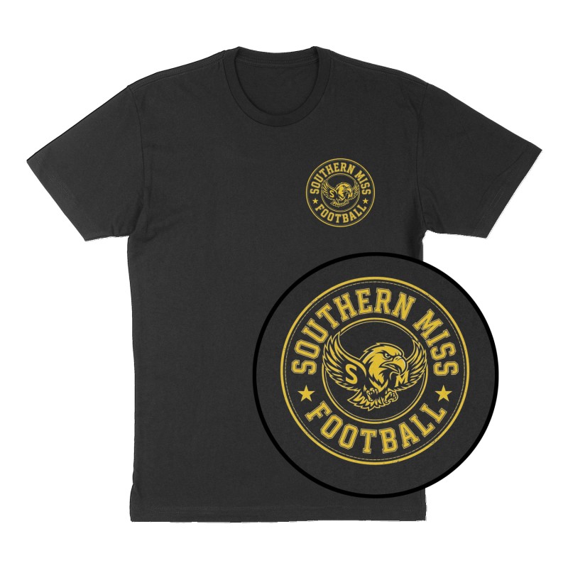 Custom t-shirt: "Southern Miss Football", Left Chest print, black shirt