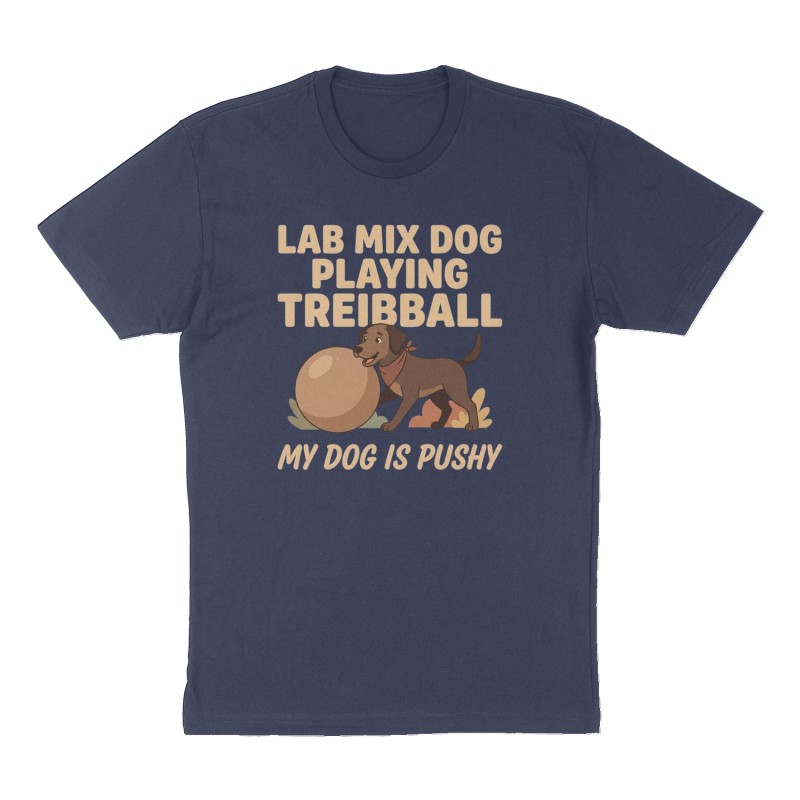 Custom t-shirt: "Lab mix dog playing treibball", Front print, navy shirt