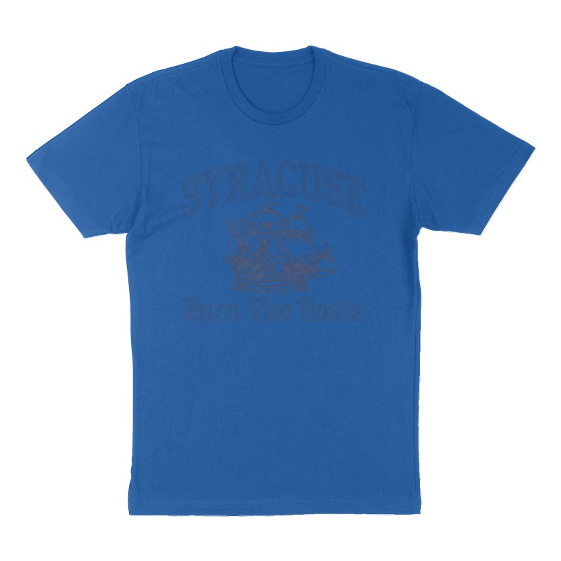 Custom t-shirt: "Burn The Boats", Front print, royal-blue shirt