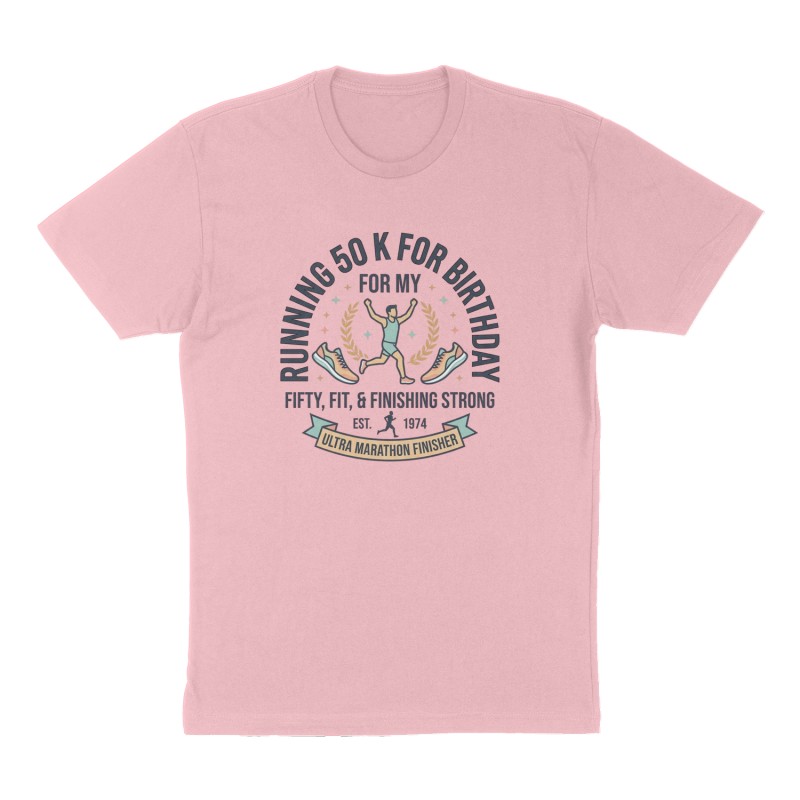 Custom t-shirt: "Running a 50 K for my 50th birthday", Front print, pink shirt