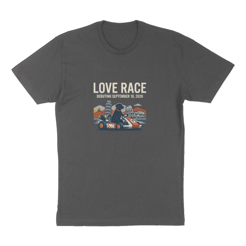Custom t-shirt: "LOVE RACE ", Front print, charcoal shirt