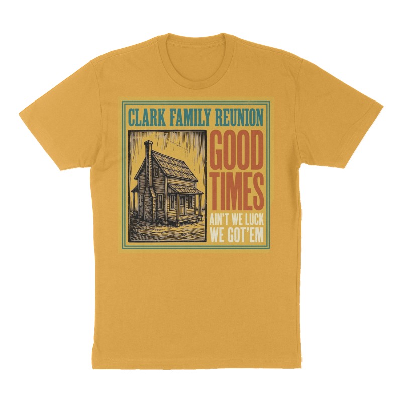 Custom t-shirt: "Clark Family Reunion", mustard-yellow shirt