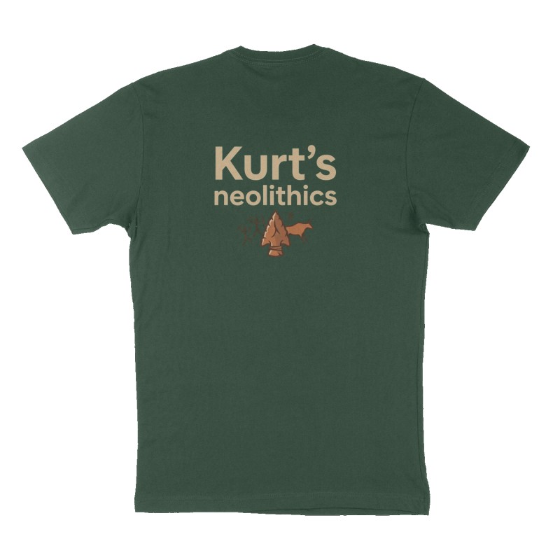 Custom t-shirt: "Kurt’s neolithics", Back print, forest-green shirt