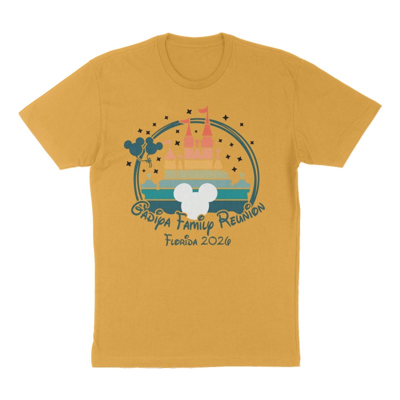 Custom t-shirt: "Gadiya Family Reunion", mustard-yellow shirt