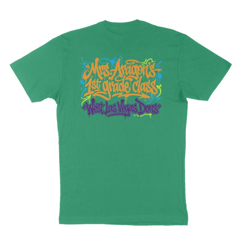 Custom t-shirt: "Mrs. Aragon's 1st grade class", Back print, green shirt