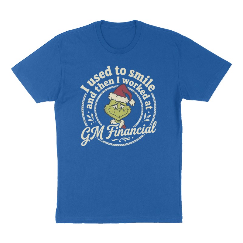 Custom t-shirt: "I used to smile and then I worked at", Front print, royal-blue shirt
