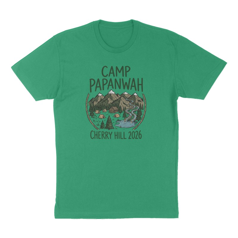 Custom t-shirt: "Camp Papanwah", Front print, green shirt