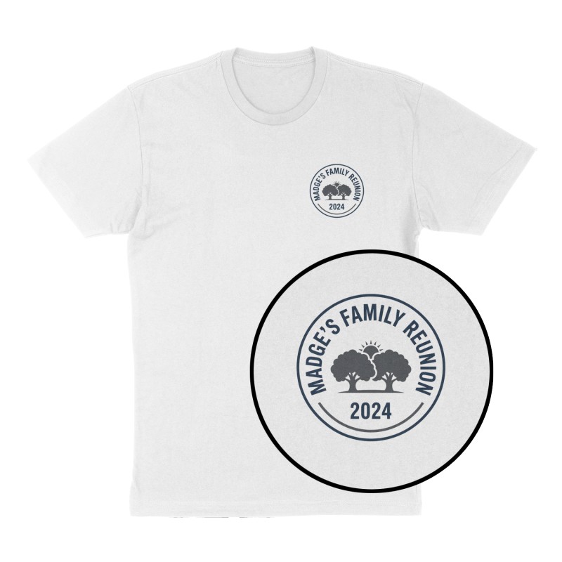 Custom t-shirt: "Madge’s Family Reunion", Left Chest print, white shirt