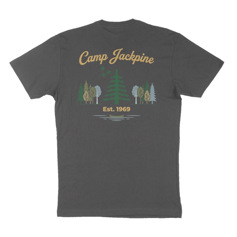 Custom t-shirt: "Camp Jackpine", Back print, charcoal shirt