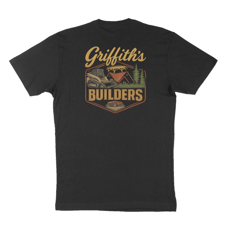 Custom t-shirt: "Griffith’s Builder’d", Back print, black shirt