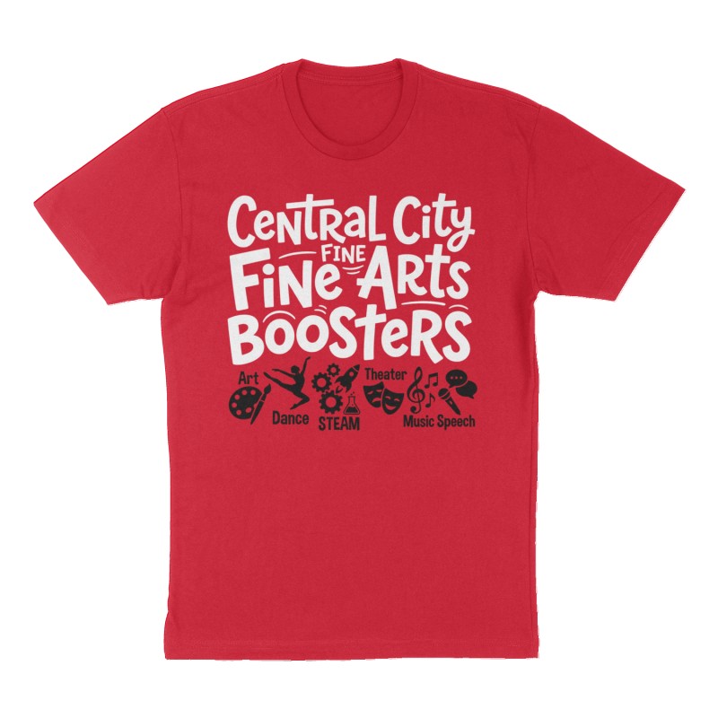 Custom t-shirt: "Central City Fine Arts Boosters", Front print, red shirt