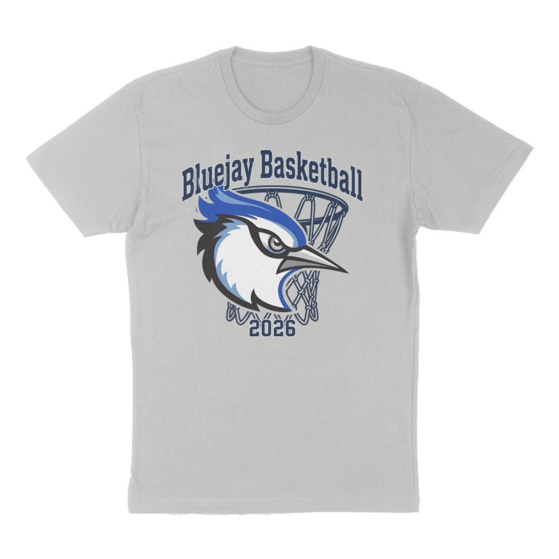 Custom t-shirt: "Bluejay Basketball", Front print, heather-gray shirt