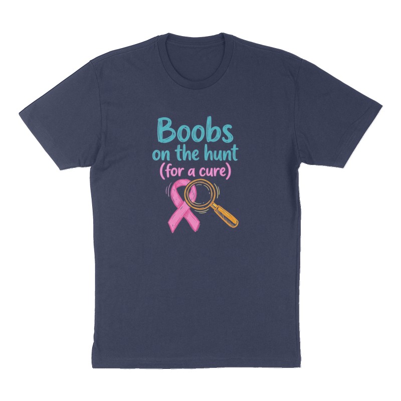 Custom t-shirt: "Boobs on the hunt (for a cure)", Front print, navy shirt