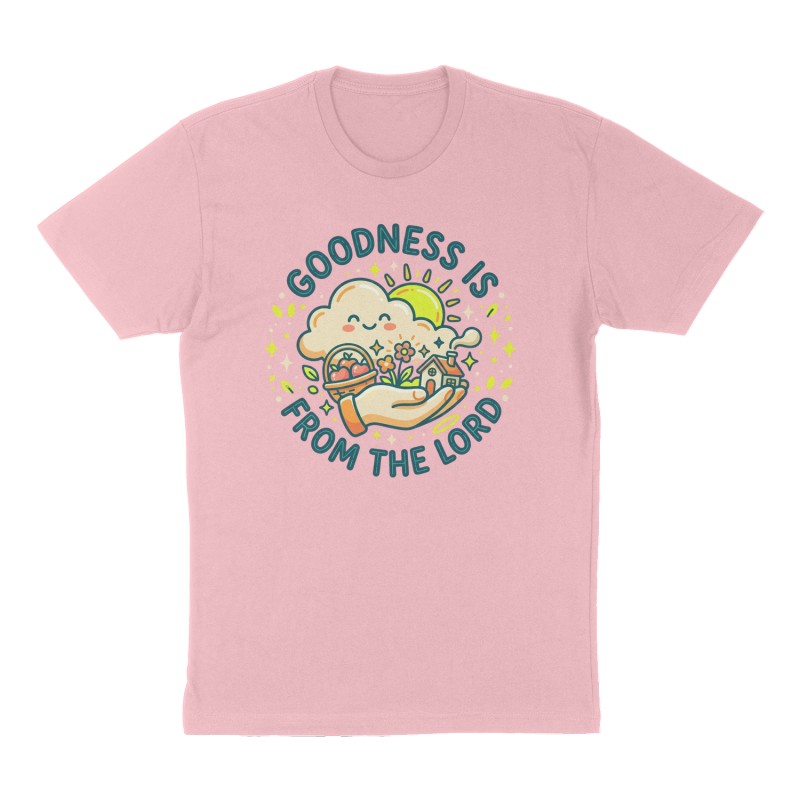 Custom t-shirt: "Goodness is from the Lord", Front print, pink shirt