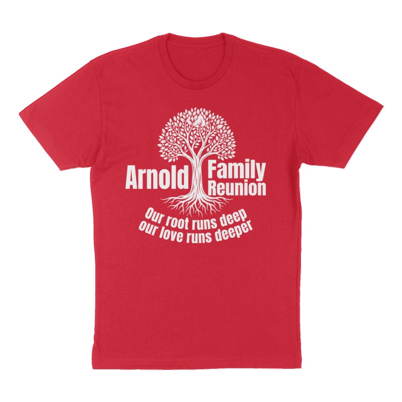 Custom t-shirt: "Arnold family reunion", Front print, red shirt