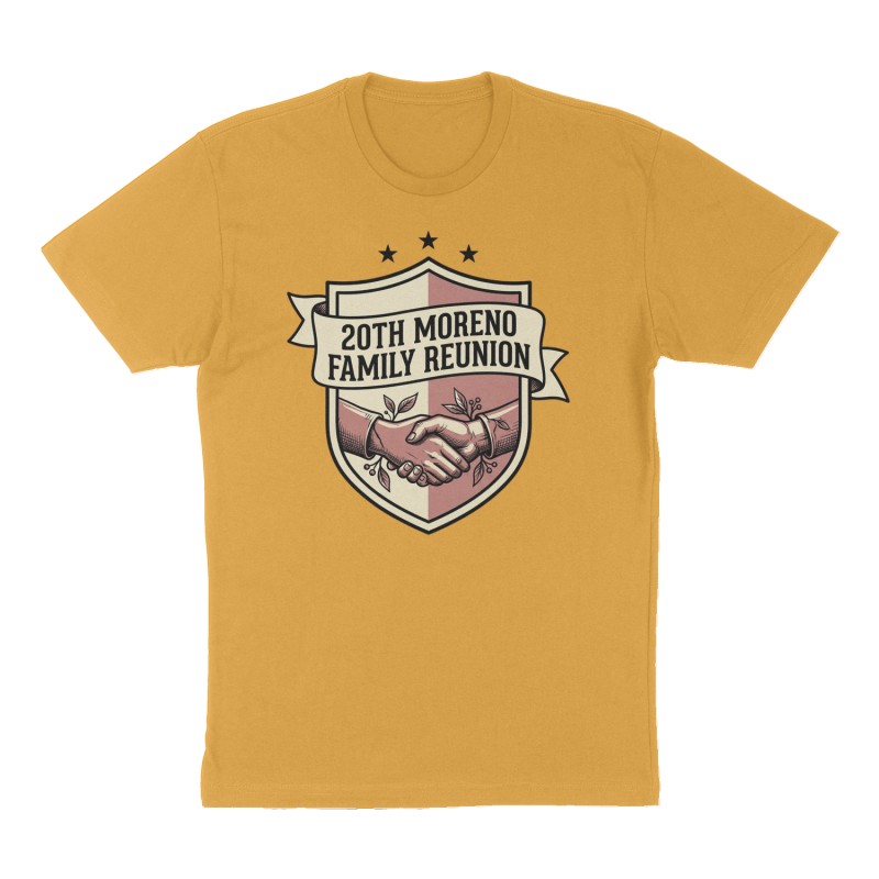 Custom t-shirt: "20th Moreno family Reunion", mustard-yellow shirt