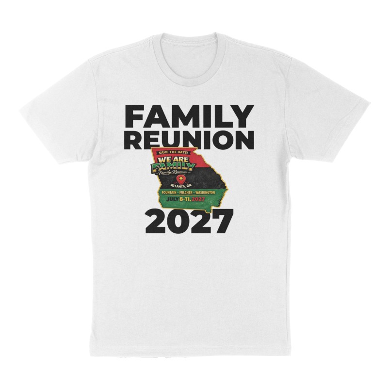 Custom t-shirt: "Family Reunion 2027", Front print, white shirt