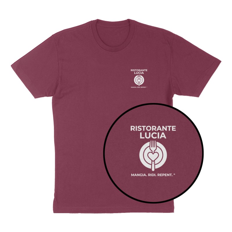 Custom t-shirt: "Ristorante Lucia", Left Chest print, maroon shirt