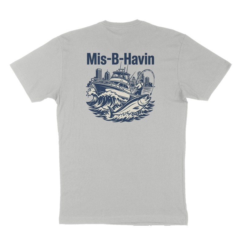 Custom t-shirt: "Mis-B-Havin", Back print, heather-gray shirt