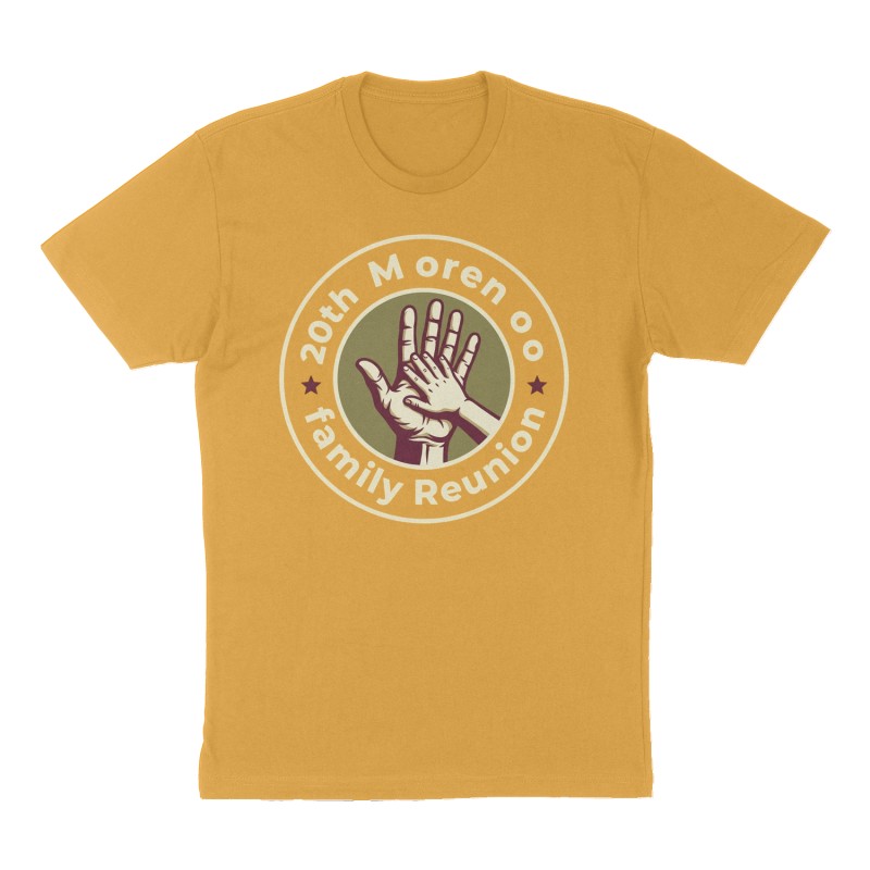 Custom t-shirt: "20th Moreno family Reunion", mustard-yellow shirt