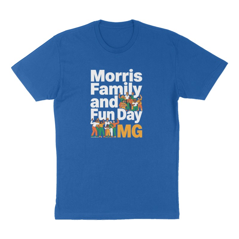 Custom t-shirt: "Morris Family and Fun Day", Front print, royal-blue shirt