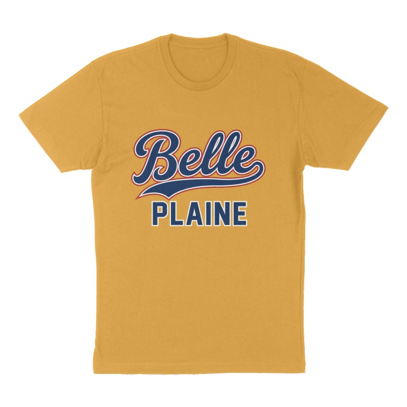 Custom t-shirt: "Belle Plaine", Front print, mustard-yellow shirt