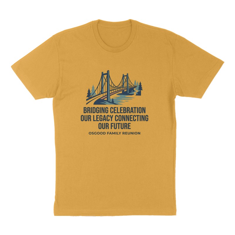 Custom t-shirt: "Bridging celebration our legacy connecting our future", Front print, mustard-yellow shirt