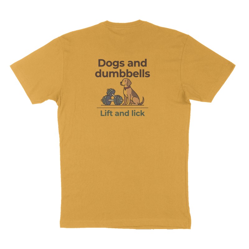 Custom t-shirt: "Dogs and dumbbells", Back print, mustard-yellow shirt