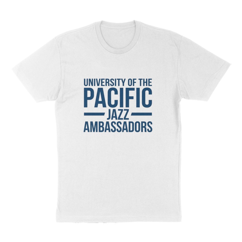 Custom t-shirt: "University of the Pacific Jazz Ambassadors", Front print, white shirt