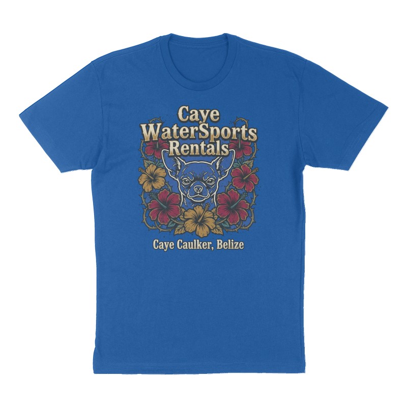 Custom t-shirt: "Caye WaterSports Rentals", Front print, royal-blue shirt