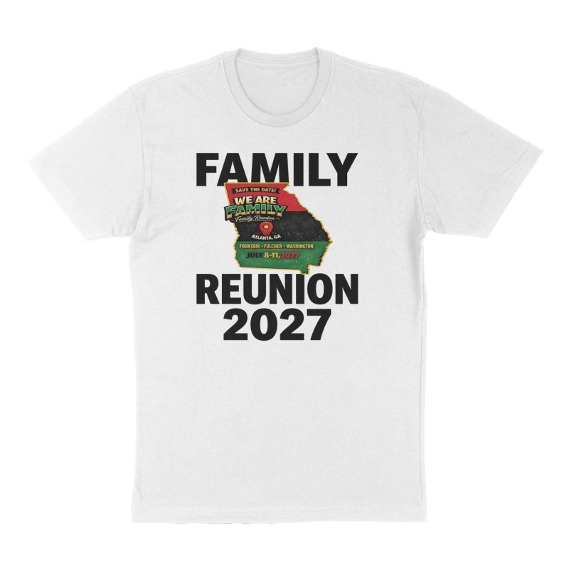 Custom t-shirt: "Family Reunion 2027", Front print, white shirt