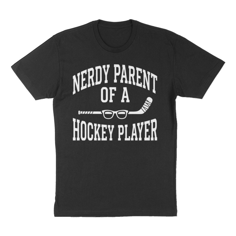 Custom t-shirt: "Nerdy Parent of a Hockey Player", Front print, black shirt