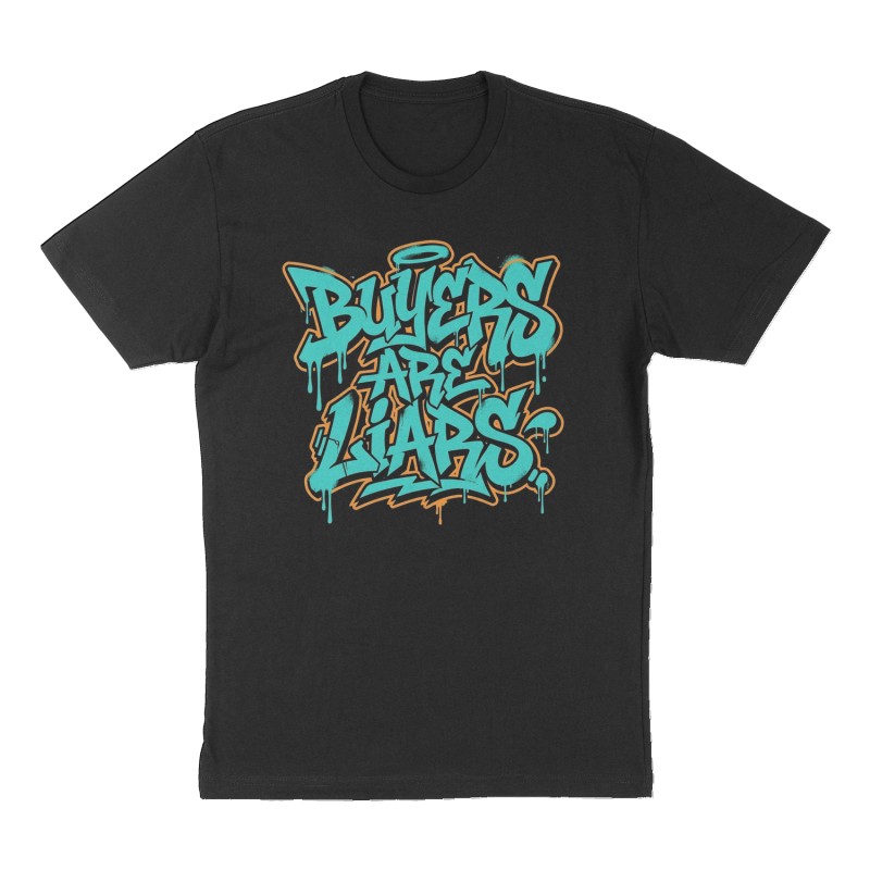 Custom t-shirt: "Buyers Are Liars", Front print, black shirt