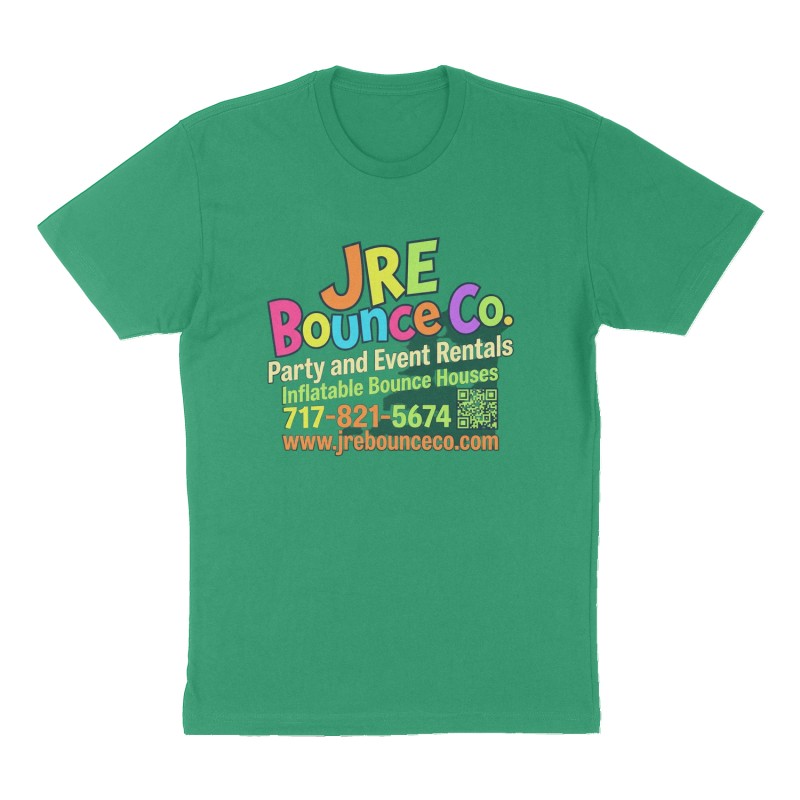 Custom t-shirt: "JRE Bounce Co.", Front print, green shirt