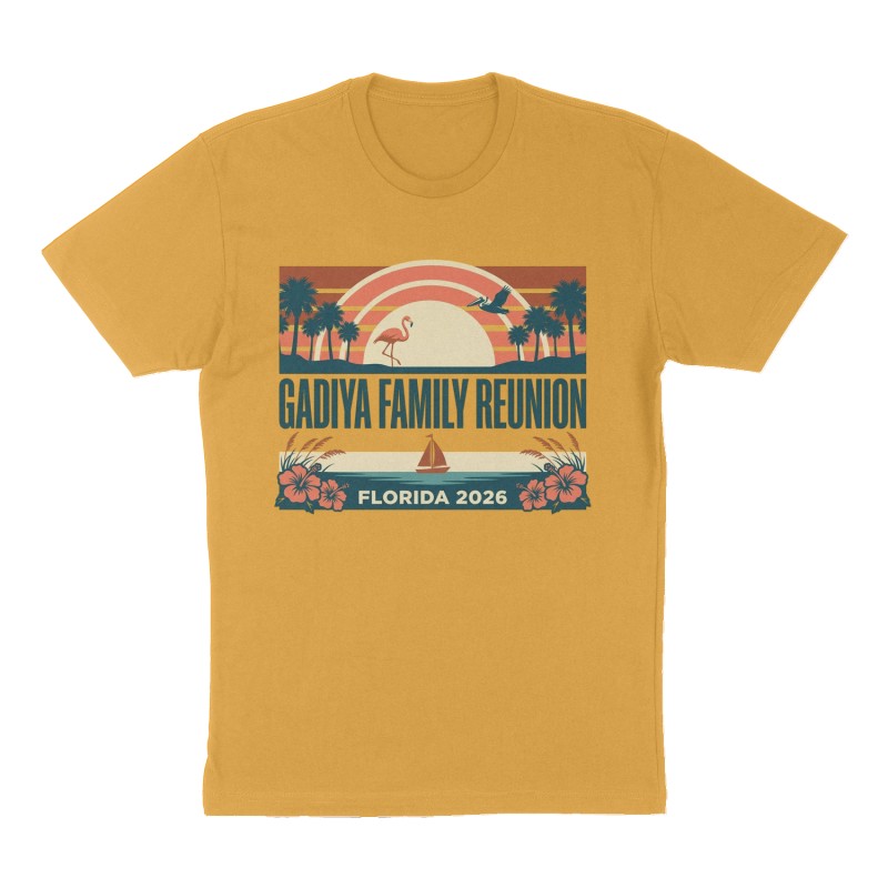 Custom t-shirt: "Gadiya Family Reunion", mustard-yellow shirt