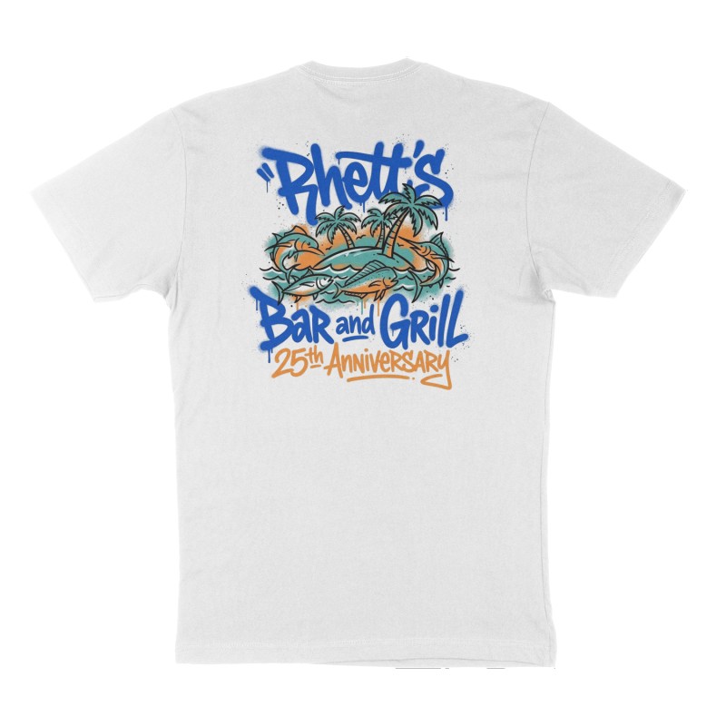 Custom t-shirt: "Rhett’s Bar and Grill", Back print, white shirt