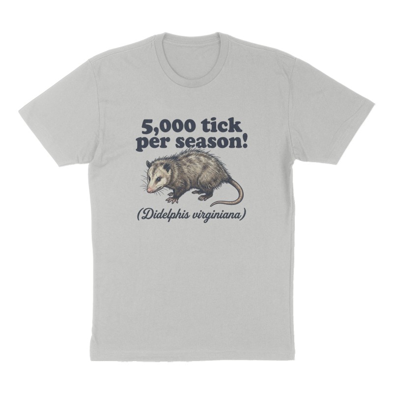 Custom t-shirt: "5,000 tick per season!", Front print, heather-gray shirt