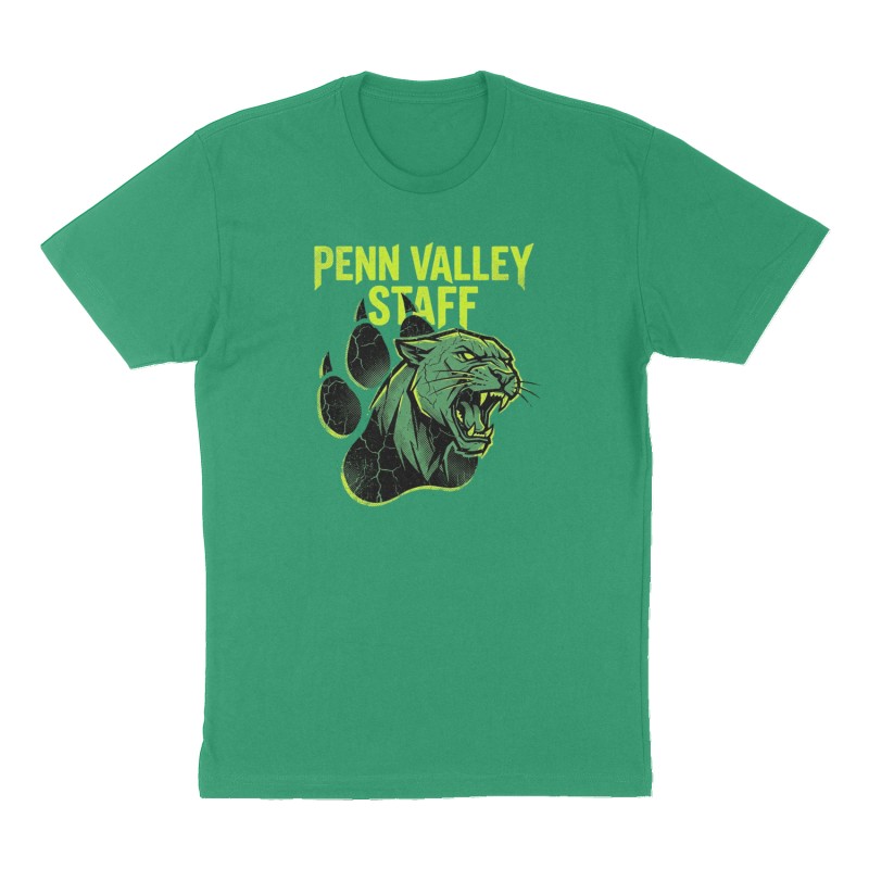 Custom t-shirt: "Penn Valley Staff", Front print, green shirt