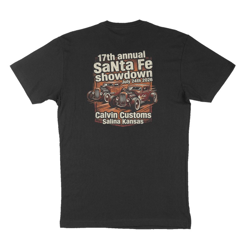 Custom t-shirt: "17th annual SANTA Fe showdown July 24th 2026", Back print, black shirt