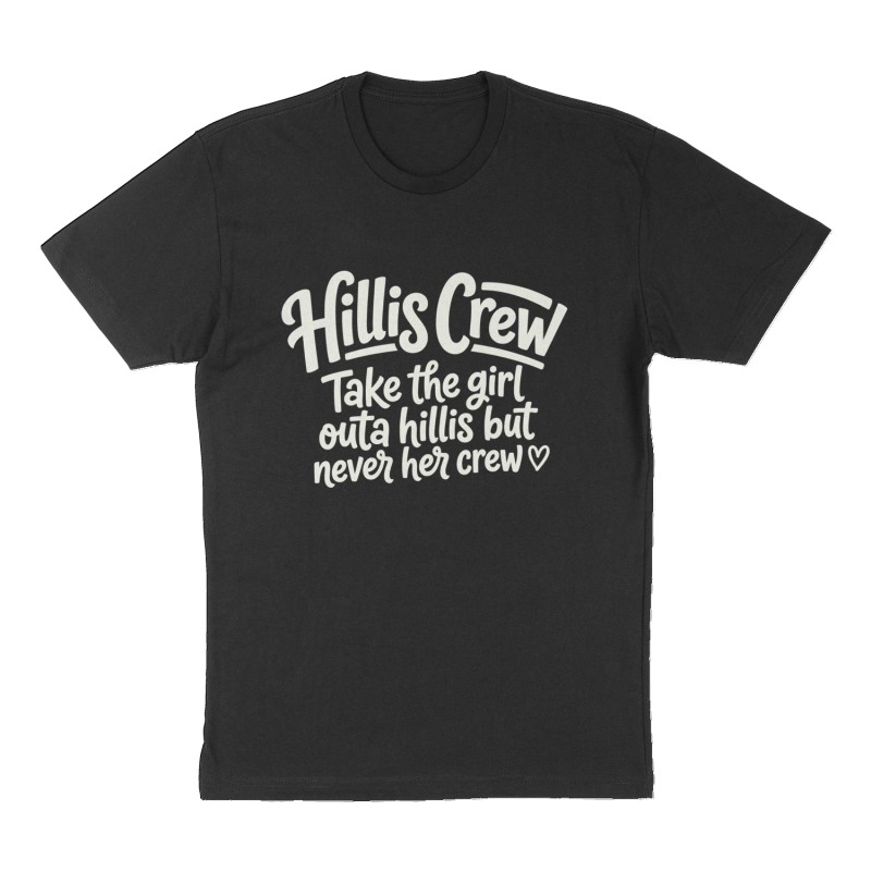 Custom t-shirt: "Hillis Crew", Front print, black shirt