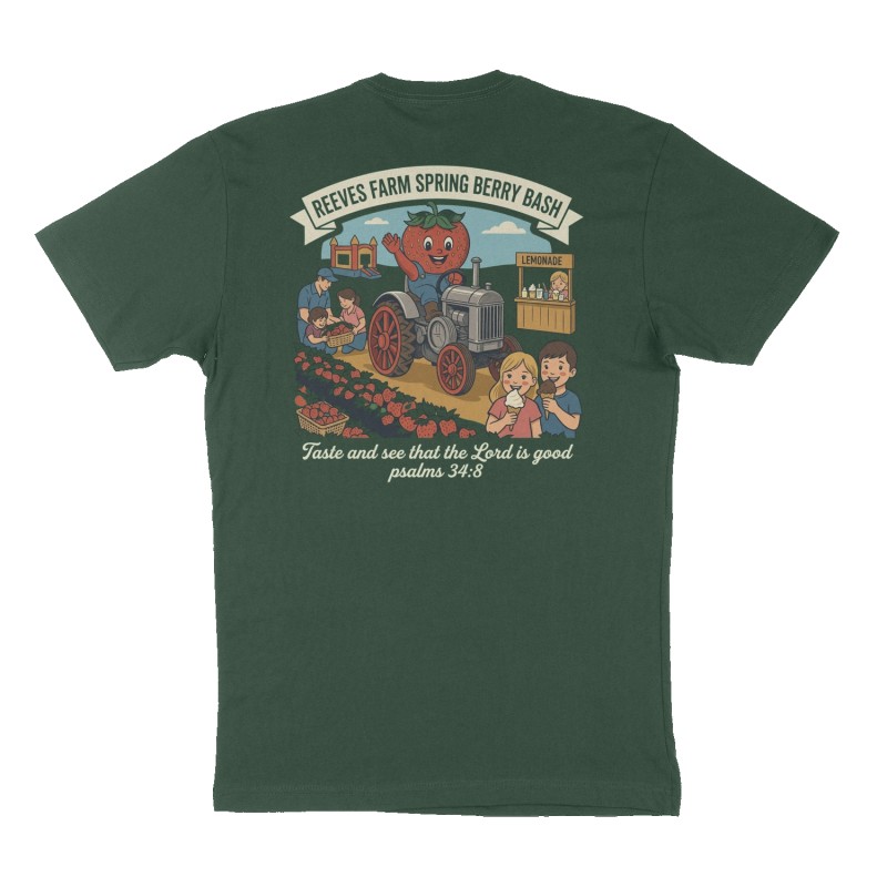 Custom t-shirt: "Reeves farm spring berry bash ", Back print, forest-green shirt