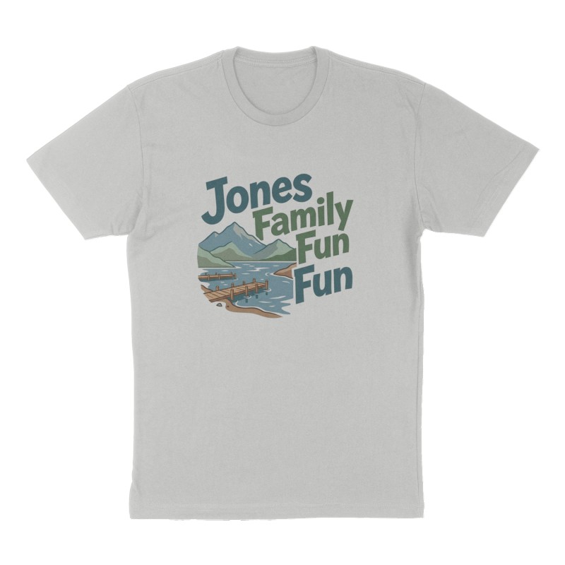 Custom t-shirt: "Jones Family Fun", Front print, heather-gray shirt
