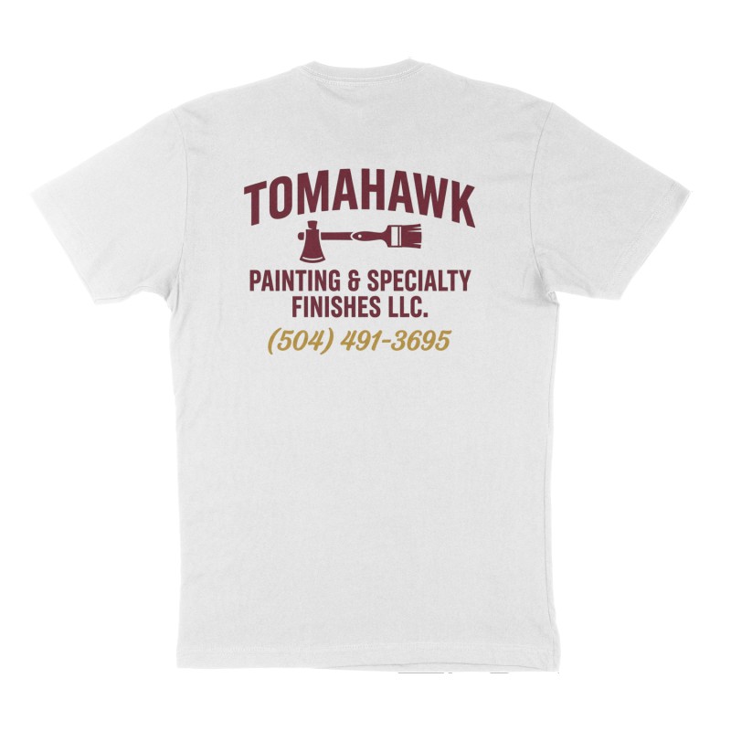 Custom t-shirt: "Tomahawk Painting & Specialty Finishes LLC.", Back print, white shirt