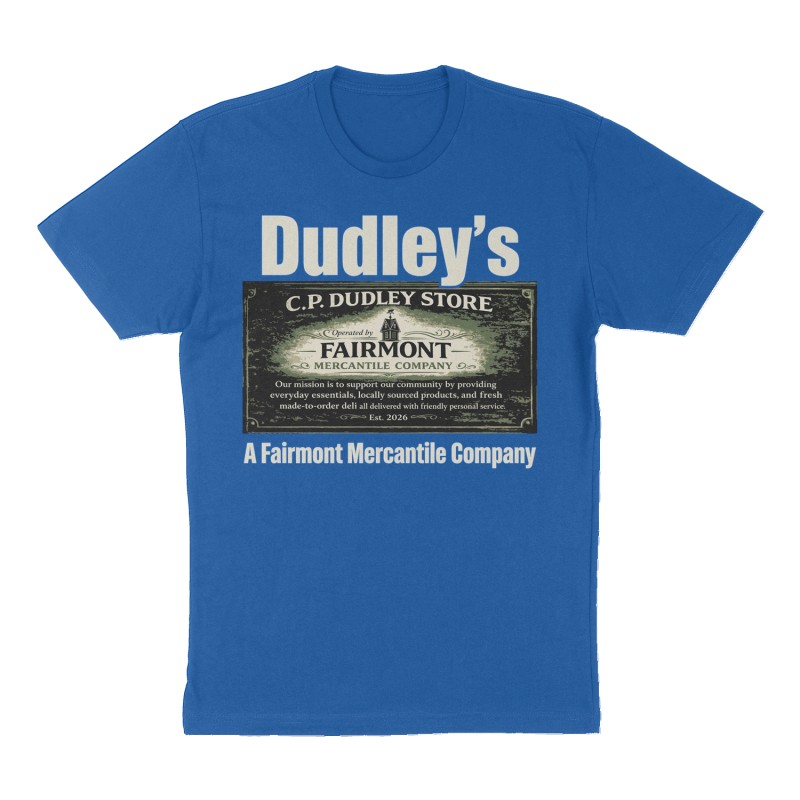 Custom t-shirt: "Dudley’s", Front print, royal-blue shirt