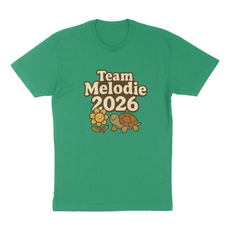 Custom t-shirt: "Team Melodie 2026", Front print, green shirt