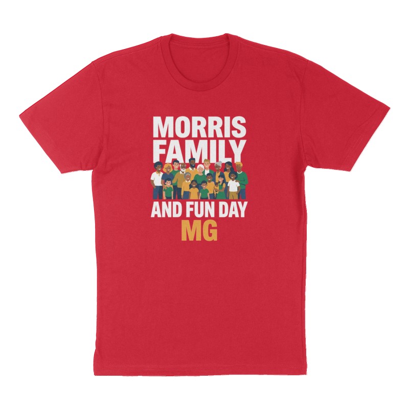 Custom t-shirt: "Morris Family and Fun Day", Front print, red shirt