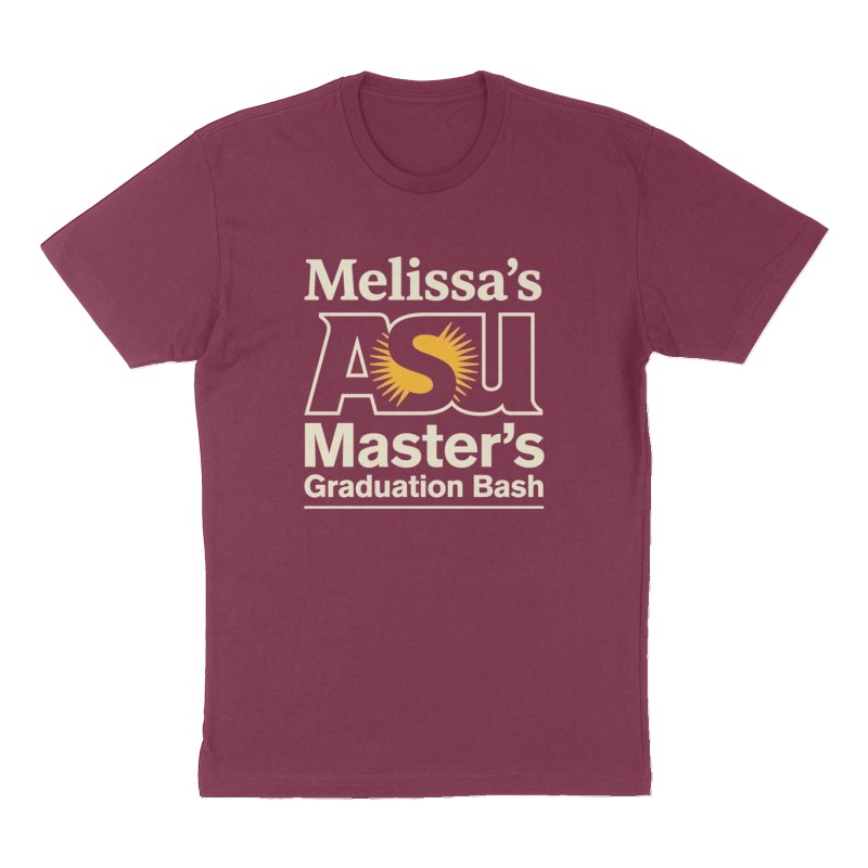 Custom t-shirt: "Melissa's Master's Graduation Bash", Front print, maroon shirt